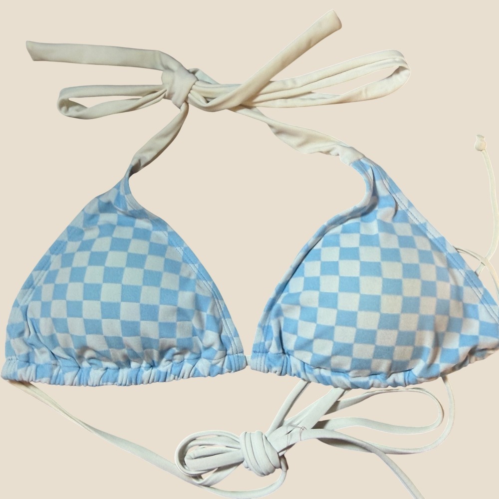 Gabrielle Union Bikini Top Size Large Blue Checkered Halter Triangle New